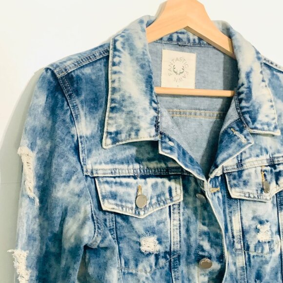 Fantastic Fawn Distressed Denim Jacket Size Small Acid Wash Trucker Jean Jacket - Picture 10 of 11